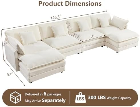146.5" Oversized Modular Sectional Sofa, U Shaped Cloud Couch - Image 2