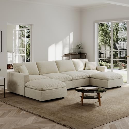 Modern Sectional Linen Couch for Living Room U-Shape Sofas, 6 Seat Modular by Gtilzria