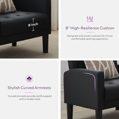Black Leather Accent Chairs Set of 2, Tufted M-C-M Chairs - Image 5