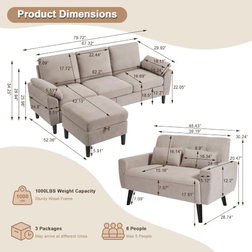 3 Pieces Sofa Set, L Shaped Sectional Couch and Loveseat Set - Image 2