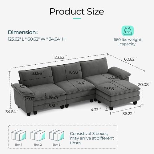 LINSY HOME 123'' Modular Sectional Sofa Grey Couch Corduroy Cloud Couches - Image 2