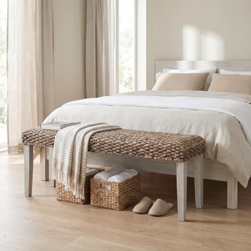 Solid Acacia Wood Bench with Natural Woven Water Hyacinth Seat - Image 5