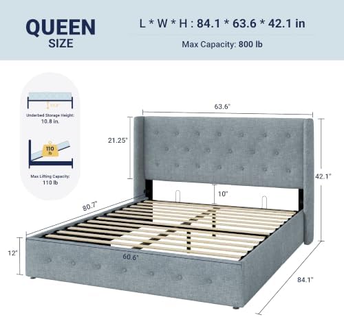 Allewie Queen Size Lift Up Storage Button-Tufted Bed Frame Blue Grey - Image 2