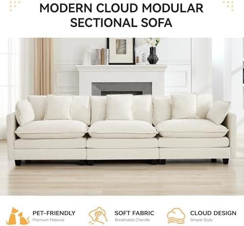 111'' Sectional Cloud Deep Seat Couch, Modern Comfy Chenille Modular Sectional - Image 6