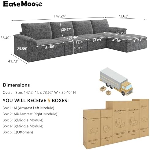 EASE MOOSE 147" L Shaped Sofa, Modular Boneless Couches - Image 2