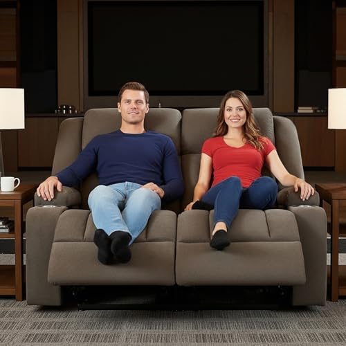 Recliner Loveseat Sofa with Cup Holders, 2-Seater Fabric Reclining Couch - Image 2