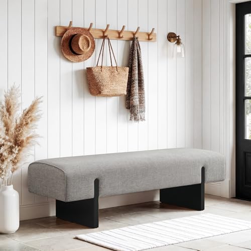 Upholstered End of Bed Bench, Solid Wood Legs & Grey Linen Fabric - Image 6
