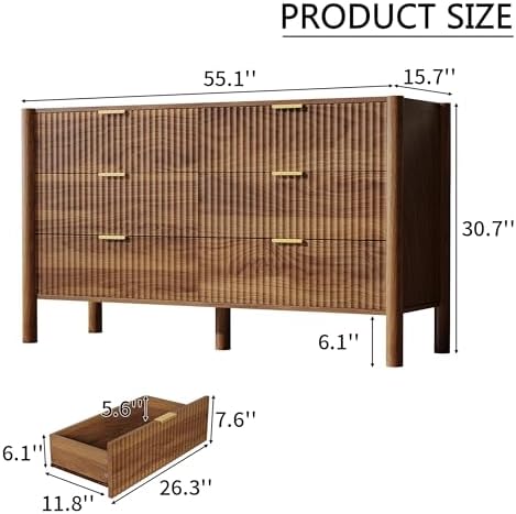 55in Walnut Fluted 6 Drawer Dresser - Image 2