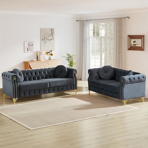 2 Pieces Mid Century Modern Chesterfield Sofa Set, Upholstered Button Tufted by JEEOHEY