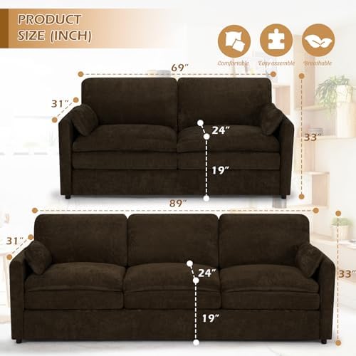 Chenille 2-Seater & 3-Seater Sofa Set w/Two Arm Pillows - Image 2