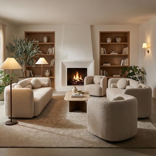 4-Piece Beige Boucle Sofa Set, 2 Loveseats & 2 Accent Chairs - Image 7
