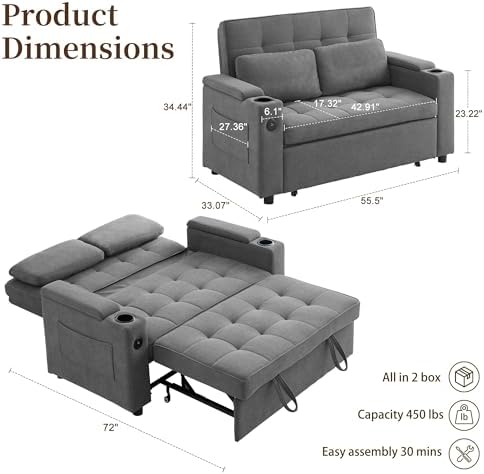 Korser 55.5'' 3-in-1 Convertible Sofa Bed, Pull Out Couch - Image 2