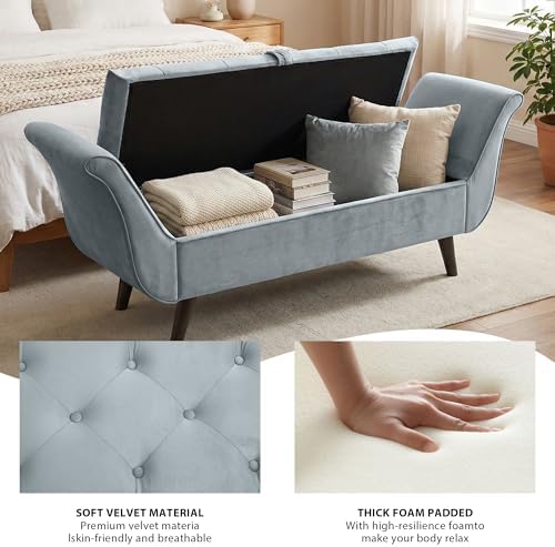 End of Bed Storage Bench for Bedroom, Upholstered Rolled Armed Button Tufted - Image 3