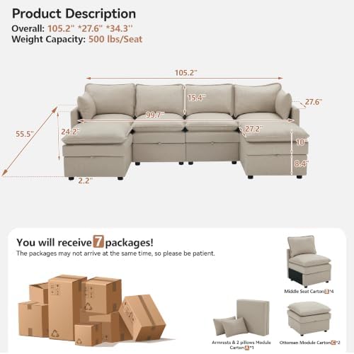 105" Beige Faux Leather Storage 4 Seater Sofa - Image 2