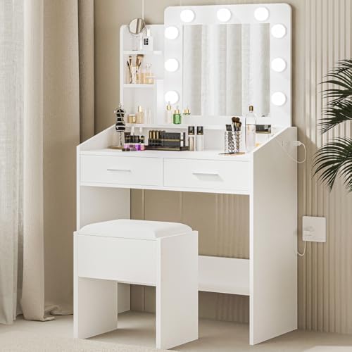 Vanity Desk with Power Outlet, Makeup Vanity with Large Mirror and LED Lights - Image 5