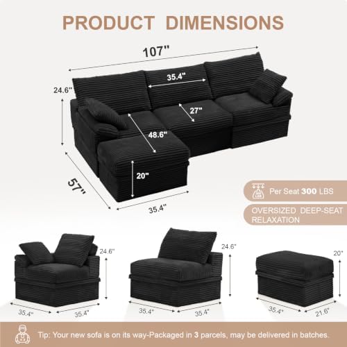 107" Boneless Couch with Storage, 48.6" Extra Deep-High Seat Modular Sectional - Image 3