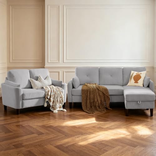3 Piece Sectional Sofa Set, 3 Seat Couch & Loveseat & Ottoman, Light Grey - Image 6