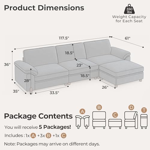 SITJOY Cloud Couch Sectional, 3 Seater L-Shaped Sofa, Chenille in Navy Blue - Image 2