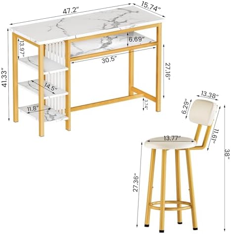 AWQM 3-Piece Bar Table and Chairs Set, Modern White Faux Marble Table - Image 4