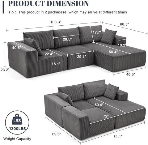 108" Boneless Couch with Chaise, Modular Sofa with Deep Seat - Image 3