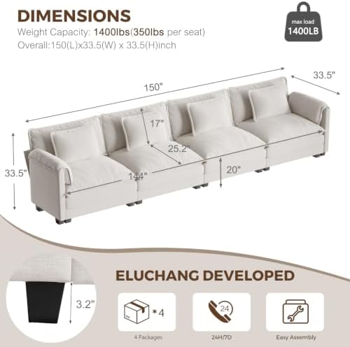ELUCHANG 153" Oversized Modular Sectional Sofa, Comfy Chenille Cloud Couch - Image 2