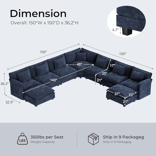 ELUCHANG 150" Oversized Modular Sectional Sofa, Comfy Chenille Cloud Couch - Image 2
