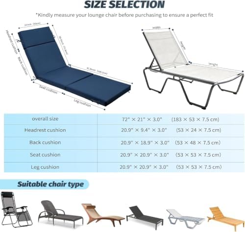 2 Pack Blue Outdoor Chaise Lounge Cushions - Image 2