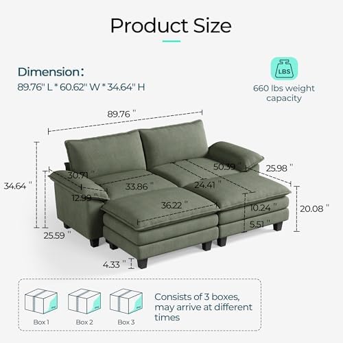 LINSY HOME 90'' Modular Sectional Sofa 2 Seat Couch Corduroy Cloud Couch - Image 2