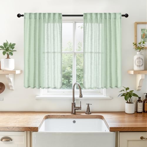 Light Green Linen Semi Sheer Curtains 40 Inch Length by YoungsTex
