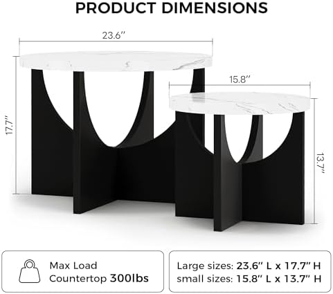 LIKIMIO Nesting Coffee Tables Set of 2, 23.6" Small Tables, Marble White - Image 2