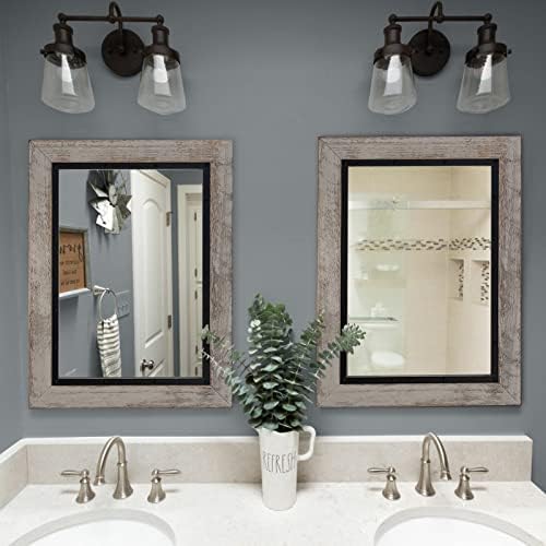 YOSHOOT Rustic Wooden Framed Wall Mirror, Natural Wood and Iron Bathroom Vanity - Image 5