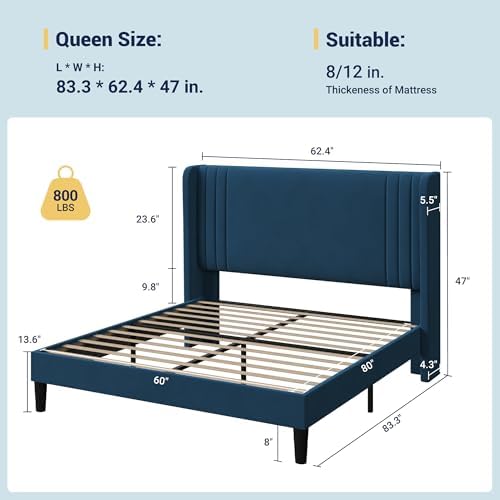 Allewie Queen Size Velvet Platform Bed Frame, Tall Wingback Headboard - Image 2