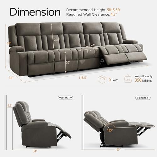 Recliner Sofa with Cup Holders, 5-Seater Fabric Reclining Couch, Manual - Image 2
