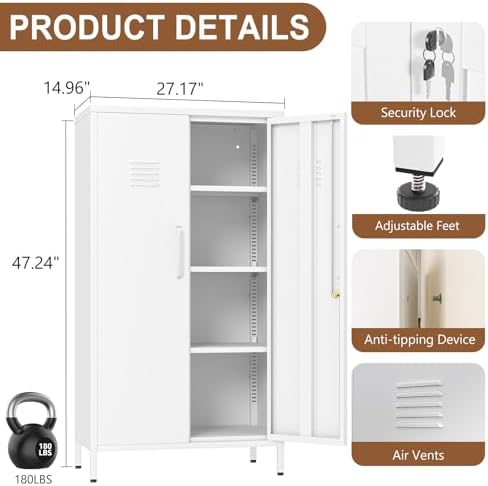 pozdeg 47.24" White Lockable Small Metal Storage Locker - Image 3