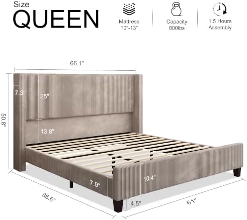 HOWE Queen Size Bed Frame with 50.8 Inch Corduroy Wingback Headboard - Image 2