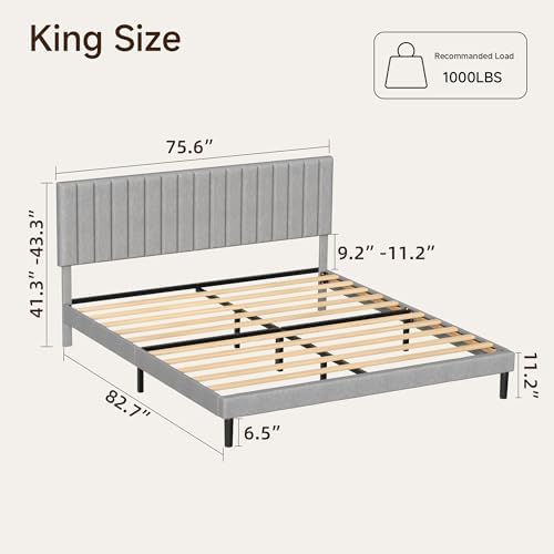 King Linen Bed Frame with Vertical Channel Tufted Headboard Light Grey - Image 2
