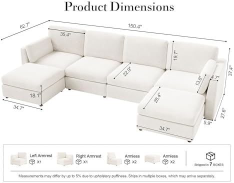 Oversized Modular Sectional Sofa U-Shaped Cloud Couches White - Image 2