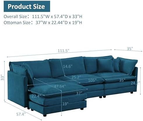 GNIXUU 111.5" Blue L Shaped Cloud Modular Sectional Sofa - Image 2