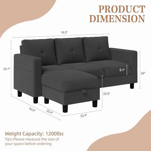 Shintenchi 76" Modern Upholstered Sectional Sofa Couch, L-Shaped Convertible - Image 2