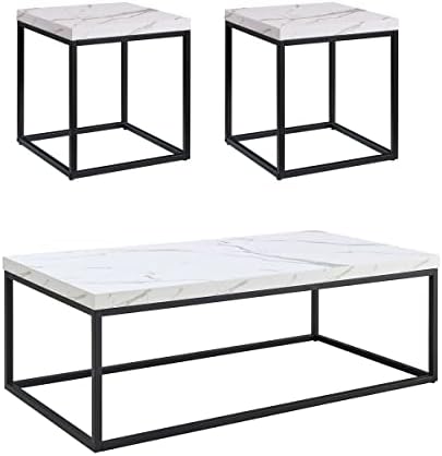CENSI 3-Piece White Marble Coffee Table & End Table Set, Modern Industrial Wood by CENSIFURNITURE