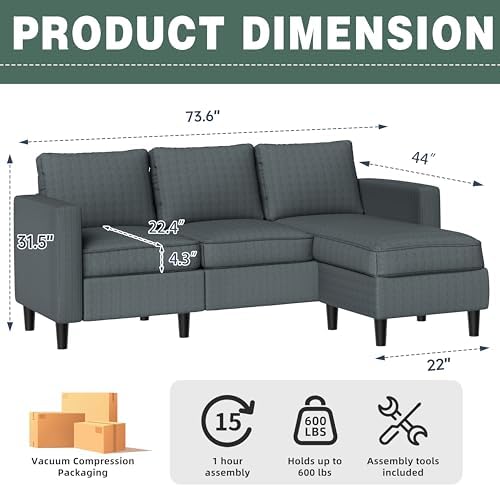 SUNLEI L-Shaped Sectional Couch, Modern Grey Reversible Sectional Sofa - Image 2
