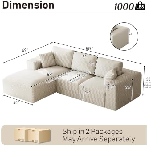 ONEMMLION 109" L-Shaped Cloud Boneless Couch Sofa - Image 3