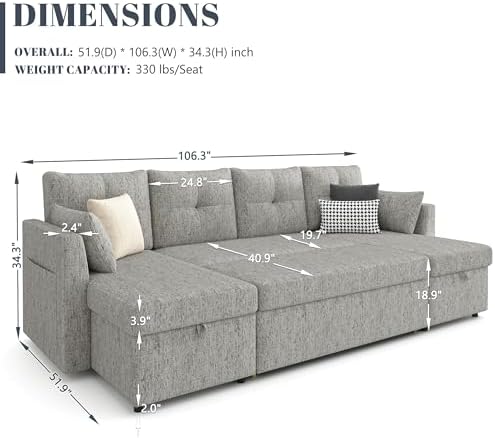 Huatean Home Oversized Sleeper Sofa Couch, Sectional Sofa Bed, Light Grey - Image 3