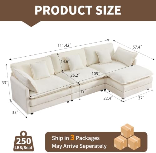 Tmsan 111.42" Beige White L Shaped Cloud Couch Modular Sectional Sofa - Image 2