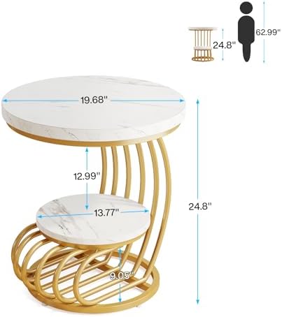 Tribesigns Gold Round End Table: 2 Tiers Faux Marble Side Table - Image 2