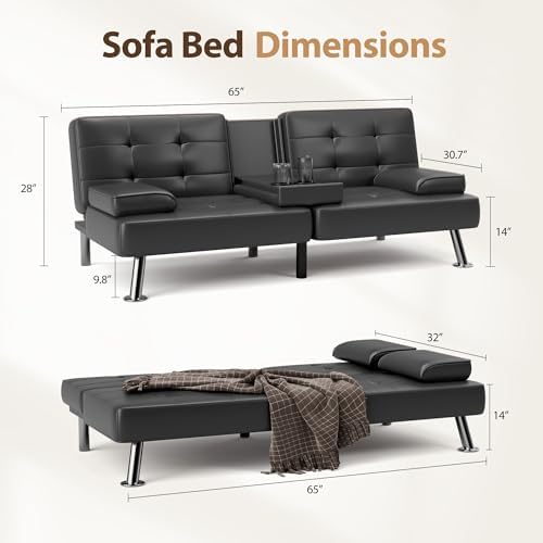 Shahoo Leather Convertible Futon Sofa Bed, Folding Sleeper Loveseat Couch - Image 2