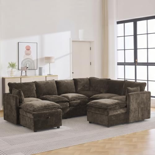 105" Brown Modular Storage Sofa, U Shaped Chenille Couch by Abbrevi