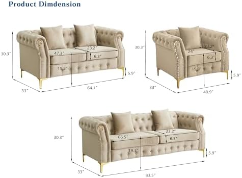 Hybition 3-Piece Living Room Sofa Set, Tufted Design - Image 4
