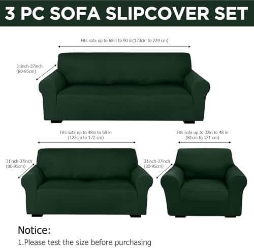 Peryiter 3 Pcs Couch and Loveseat Sofa Covers, Dark Green, Milk Silk - Image 2
