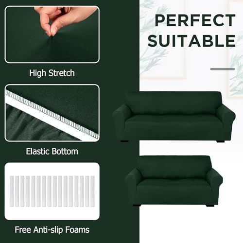 Peryiter 2 Pcs Couch and Loveseat Sofa Covers, Dark Green, Milk Silk - Image 4
